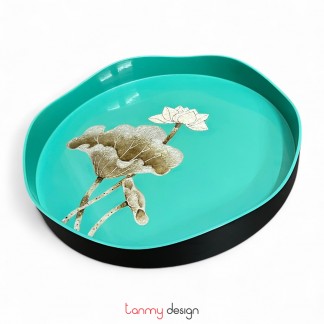 Turquoise round lacquer tray, wavy rim hand-painted with lotus 33cm